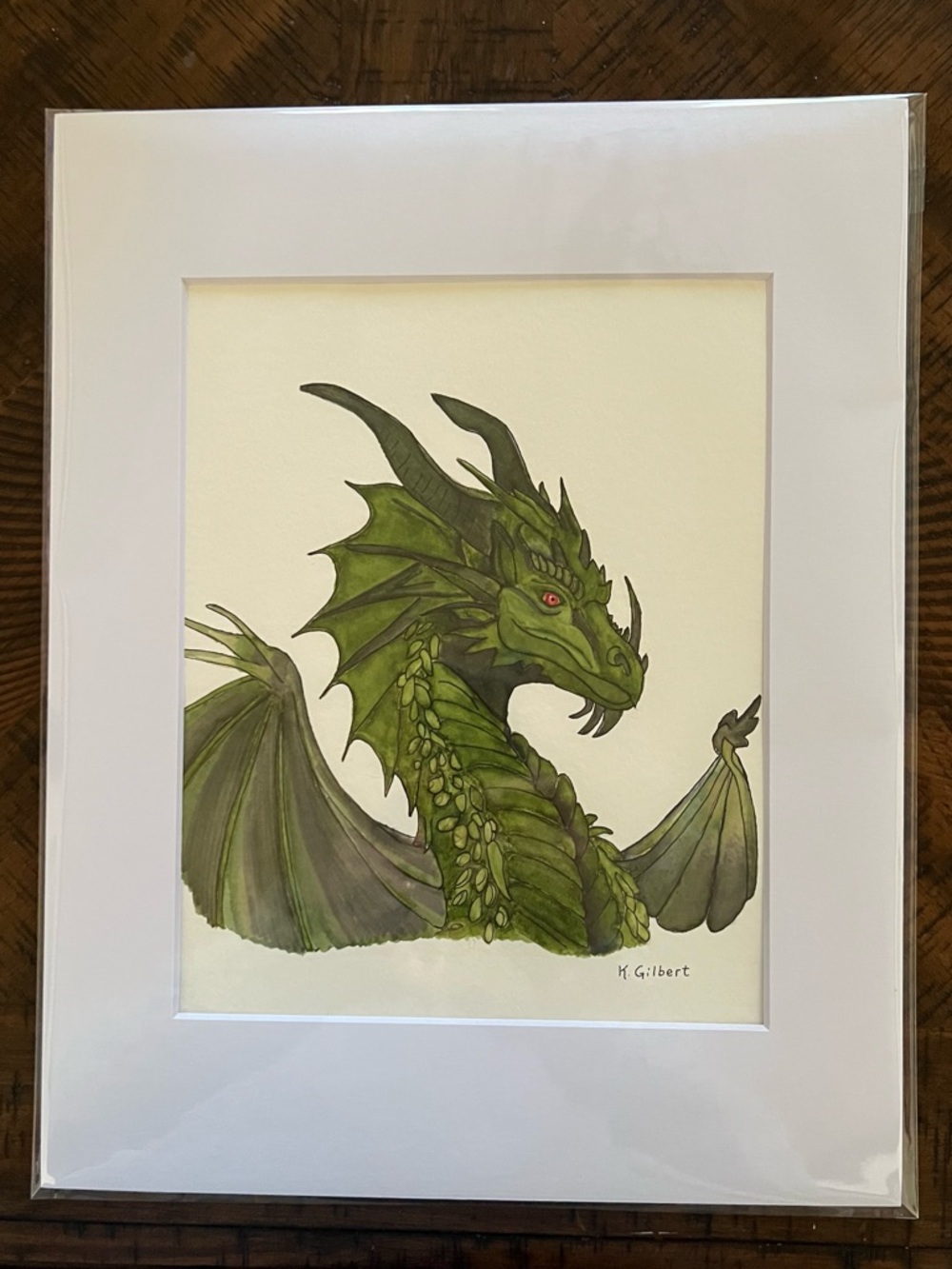 Green Dragon Watercolor Painting – 9x12 Original Art with White Mat